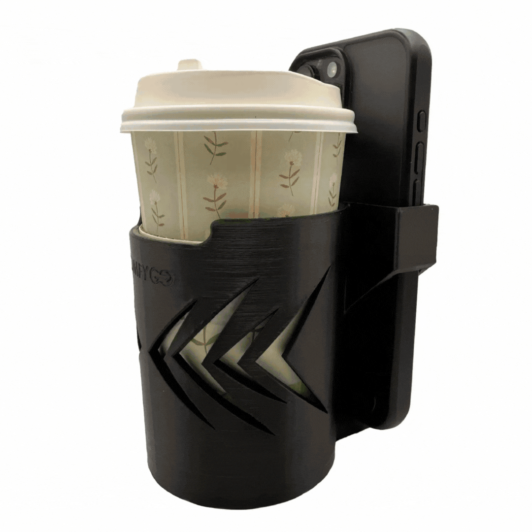 The ComfyGo Cup & Phone Holder Combo for ComfyGo Chairs is a weather-resistant holder with cutout designs that secures a paper coffee cup and smartphone side by side, perfect as an electric wheelchair accessory, shown on a white background.