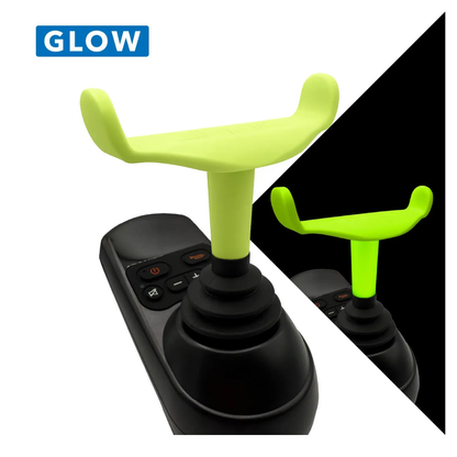 The ComfyGo Ergonomic U-Shaped Joystick Handle with Flex Shaft for Powerchairs is shown in bright yellow-green on a black power chair joystick base. GLOW appears in a blue box; an inset shows the handle glowing on a black background.