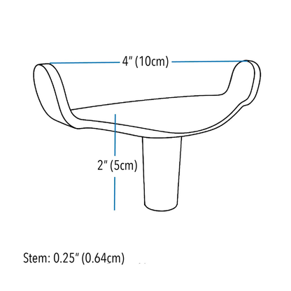 Line drawing of the ComfyGo Ergonomic U-Shaped Joystick Handle for powerchairs, featuring a 4-inch (10 cm) wide, 2-inch (5 cm) tall cap and a 0.25-inch (0.64 cm) thick stem with flex shaft.