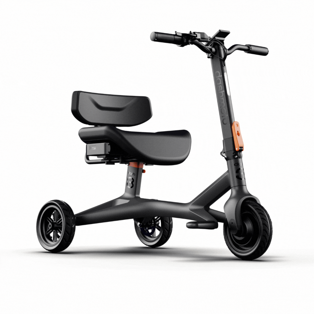 The Dashmoto High Performance Dash 3 Airline Approved Travel Scooter is a modern black three-wheeled scooter with a wide padded seat, backrest, and handlebar—designed for comfortable and convenient urban mobility.