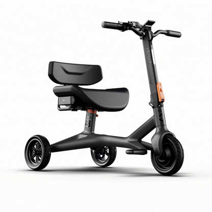 The Dashmoto High Performance Dash 3 Airline Approved Travel Scooter is a modern black three-wheeled scooter with a wide padded seat, backrest, and handlebar—designed for comfortable and convenient urban mobility.