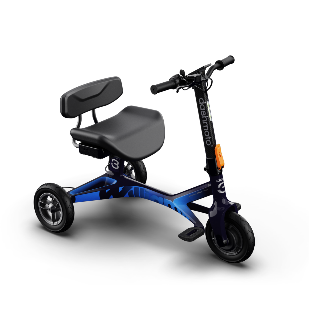 The dashmoto® dash 3 Williams Carbon Fiber Scooter is a modern three-wheeled electric scooter with seat and backrest, black and blue frame, handlebars, and footrest for comfortable seated riding. See specifications and warranty for details.