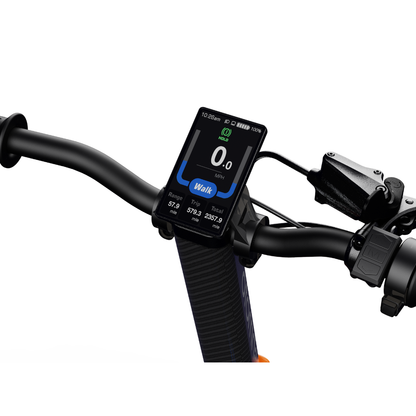 Close-up of the dashmoto® dash 3 Williams Carbon Fiber Scooter handlebar with a digital display showing speed, battery level, range, distance, and a “Walk” mode button—ideal for quickly checking your ride’s details on the go.