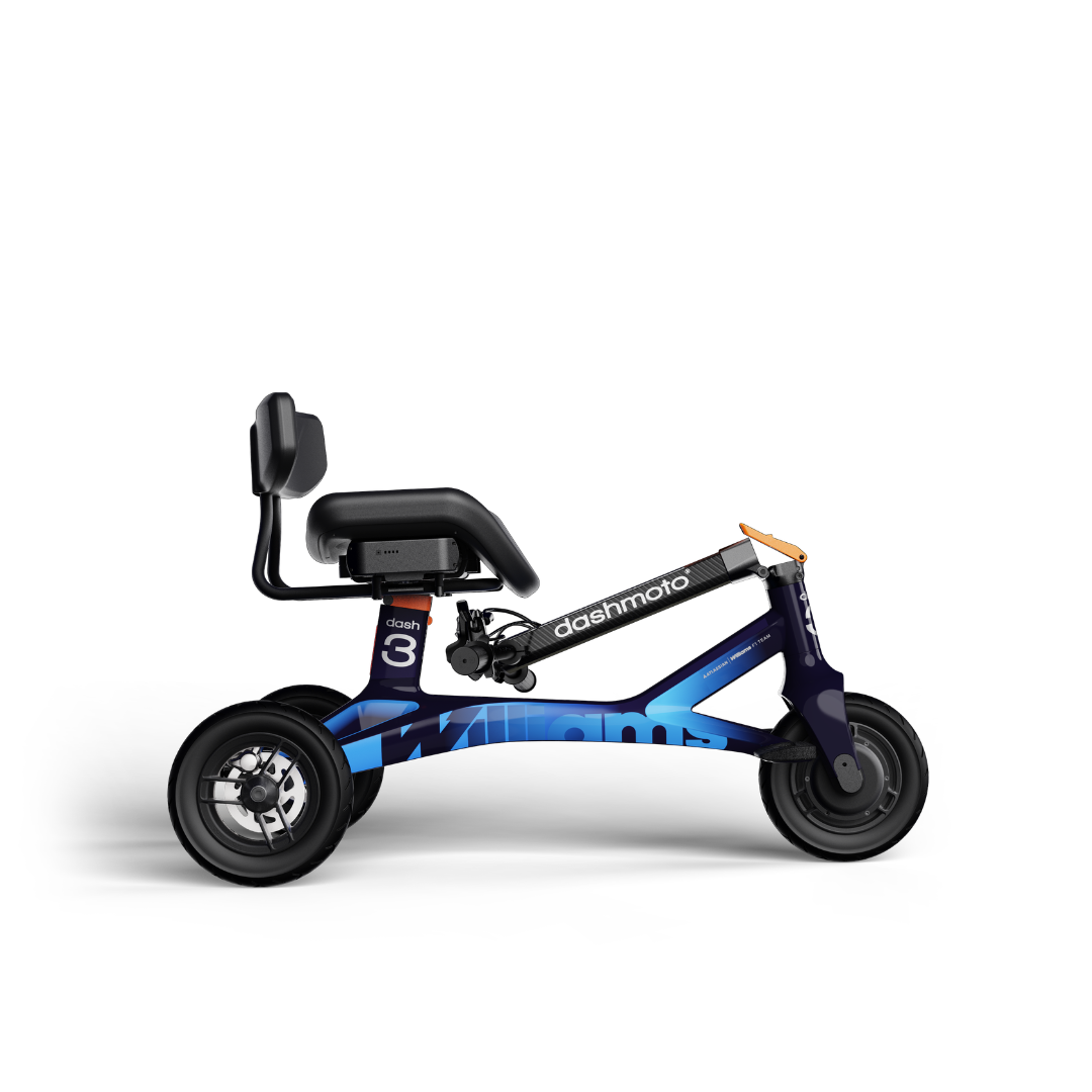The dashmoto® dash 3 Williams Carbon Fiber Scooter is a sleek, minimalist three-wheeled electric scooter in blue and black, featuring a backrest, small wheels, and detailed specs—perfect for tech enthusiasts.