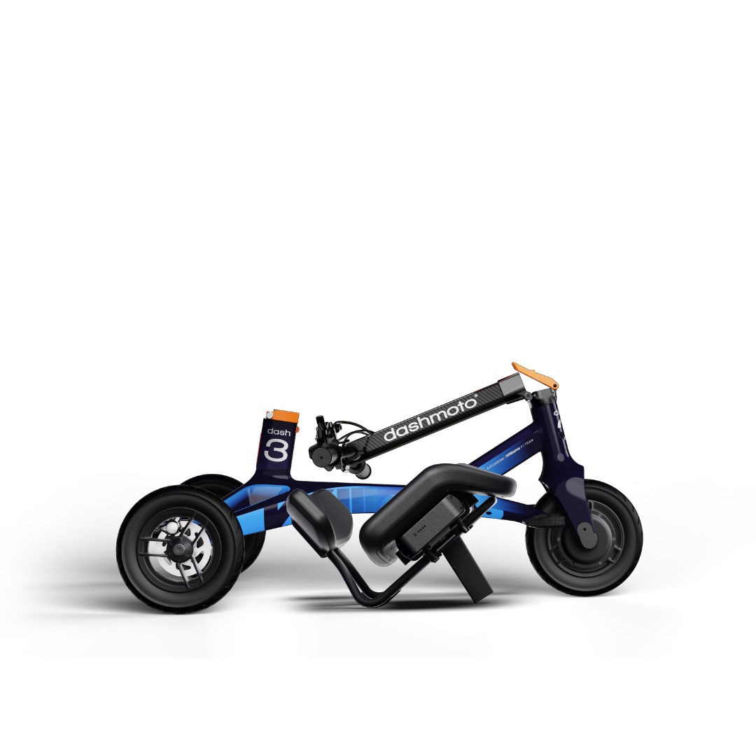 Experience the dashmoto® dash 3 Williams Carbon Fiber Scooter—a modern, three-wheeled electric scooter with a low seat and blue-black frame, featuring a large front wheel and two smaller rear wheels for a sleek, compact ride.