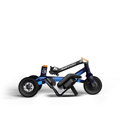 Experience the dashmoto® dash 3 Williams Carbon Fiber Scooter—a modern, three-wheeled electric scooter with a low seat and blue-black frame, featuring a large front wheel and two smaller rear wheels for a sleek, compact ride.