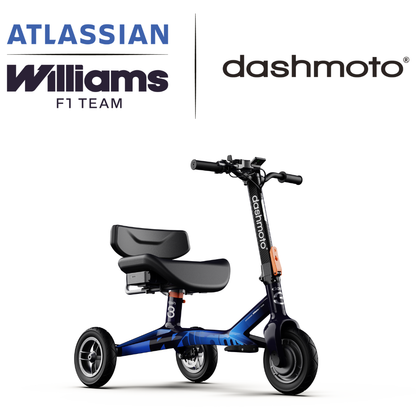 A blue and black dashmoto® dash 3 Williams Carbon Fiber three-wheeled electric scooter appears below the Atlassian, Williams F1 Team, and dashmoto logos on a white background, highlighting downloads and specifications.