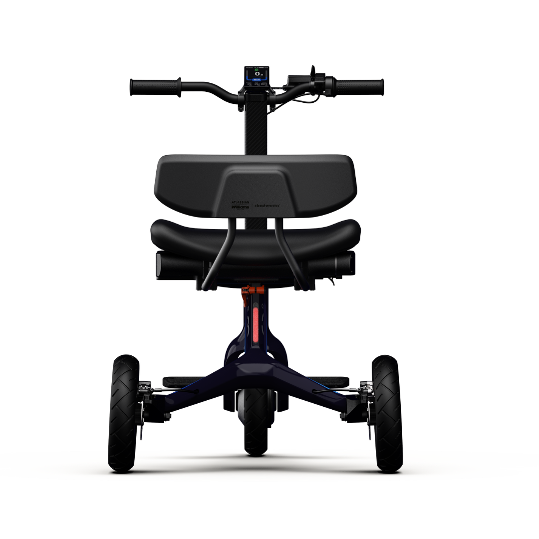 Front view of the dashmoto® dash 3 Williams Carbon Fiber Scooter, a modern three-wheeled electric scooter with seat, handlebars, and small digital display against a white background. See specs and warranty details for more information.