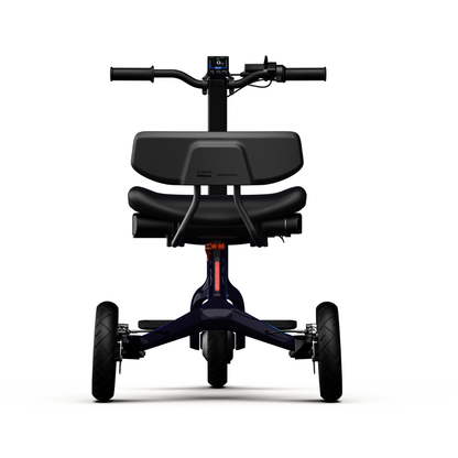 Front view of the dashmoto® dash 3 Williams Carbon Fiber Scooter, a modern three-wheeled electric scooter with seat, handlebars, and small digital display against a white background. See specs and warranty details for more information.