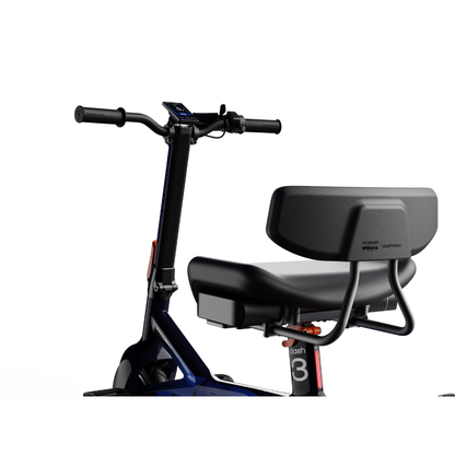 The dashmoto® dash 3 Williams Carbon Fiber Scooter features a black cushioned seat, backrest, handlebars, and a central digital display on a detailed dark frame. See specifications for all features and warranty info.