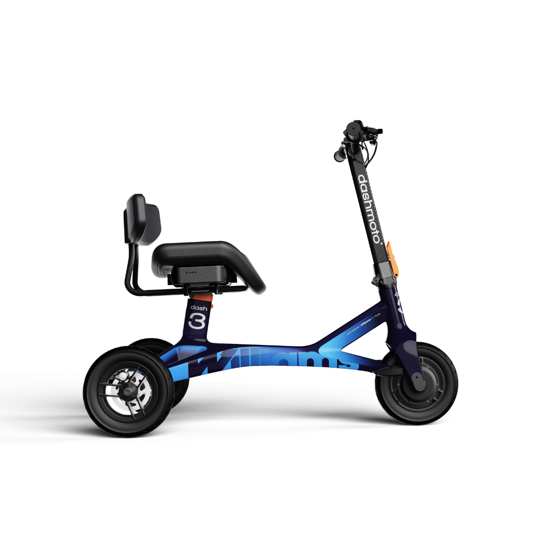 Experience the dashmoto® dash 3 Williams Carbon Fiber Scooter—a modern, three-wheeled electric ride featuring a cushioned seat, backrest, handlebars, sleek blue frame, and black tires. Explore warranty info and full specs for peace of mind.