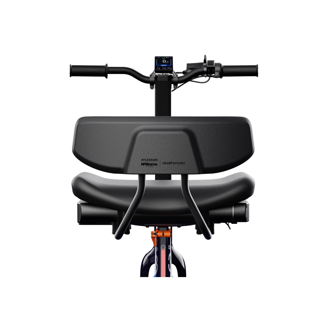 Front view of the dashmoto® dash 3 Williams Carbon Fiber Scooter handlebar with digital display, ergonomic backrest, padded seat, and frame visible on a plain white background. Includes specifications and warranty details.