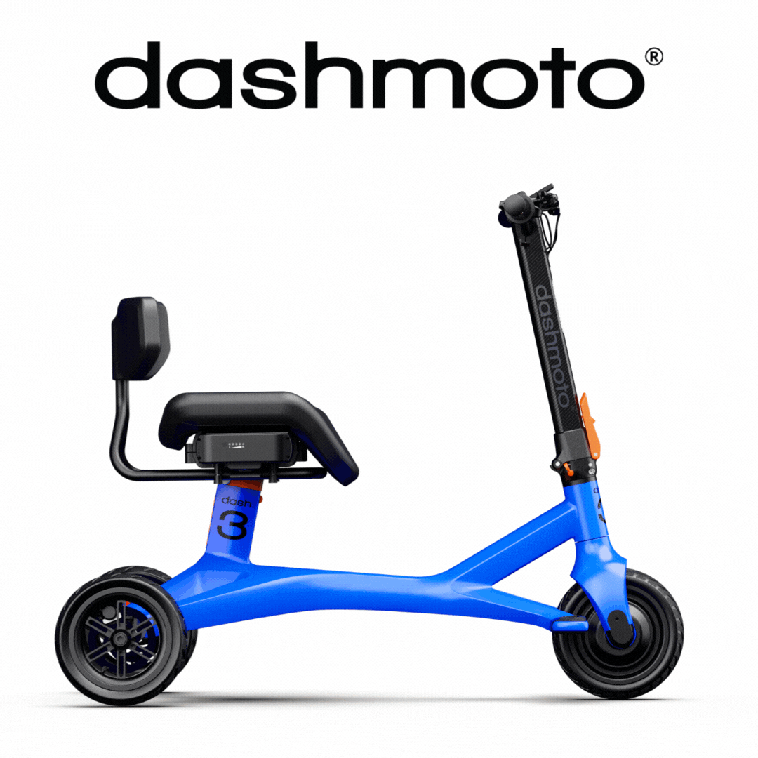 The Dashmoto High Performance Dash 3 Airline Approved Travel Scooter, a bright blue three-wheeled scooter with a seat and backrest, is shown on a white background with the Dashmoto logo above it.
