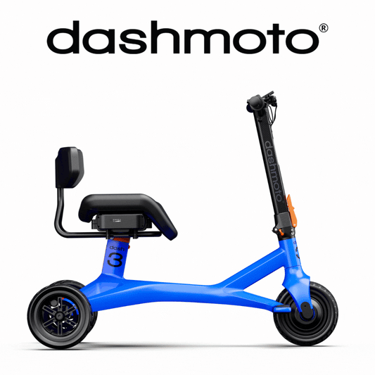 The Dashmoto High Performance Dash 3 Airline Approved Travel Scooter, a bright blue three-wheeled scooter with a seat and backrest, is shown on a white background with the Dashmoto logo above it.
