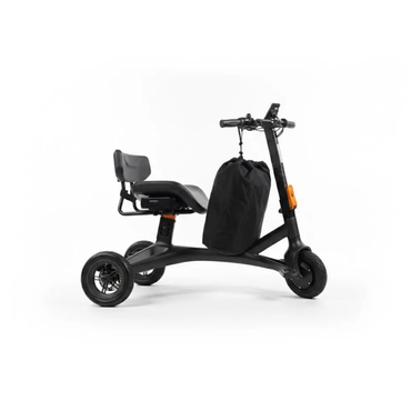 A compact black Dashmoto Dash 3 electric scooter with three wheels, a seat, handlebars, and a Storage Bag for The Dashmoto Dash 3 Scooter attached to the front, displayed against a plain white background.