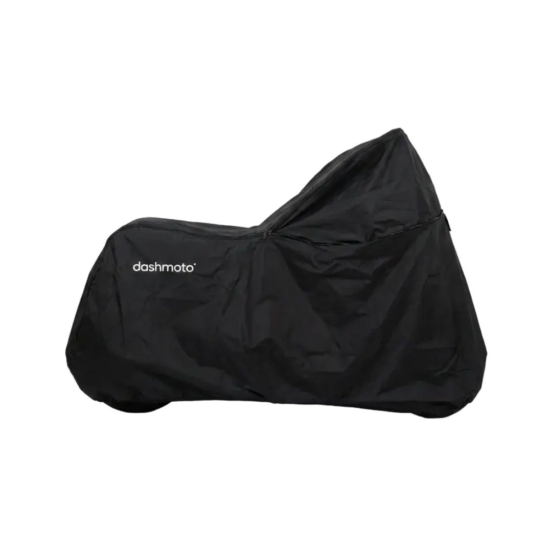 A black cover with "dashmoto" on the side conceals the bike against a white background—ideal for use with the Storage Bag for The Dashmoto Dash 3 Scooter, providing secure protection while traveling or parked.
