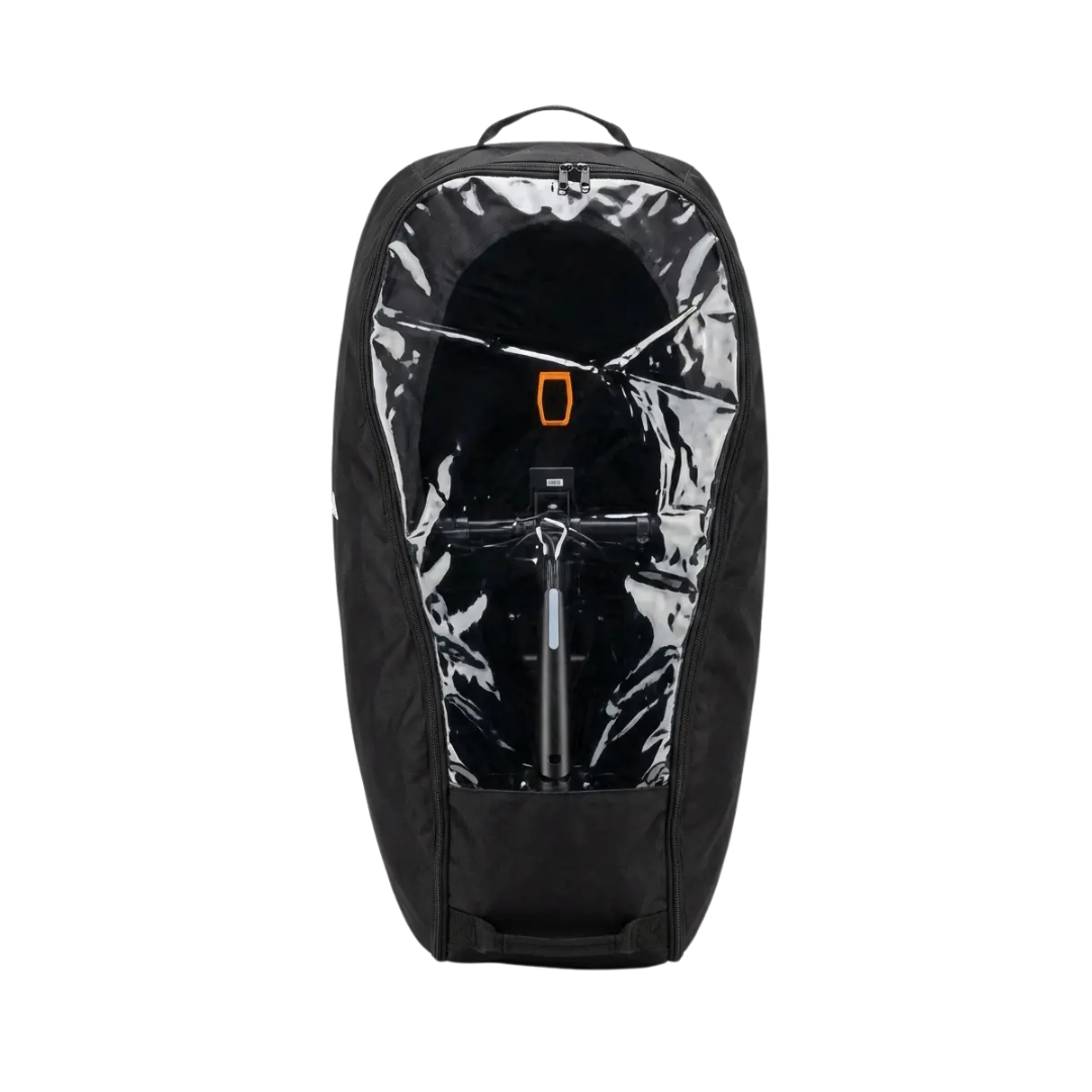 A black, zippered Storage Bag for The Dashmoto Dash 3 Scooter stands upright and open, displaying a securely packed scooter inside with a transparent cover protecting the frame.