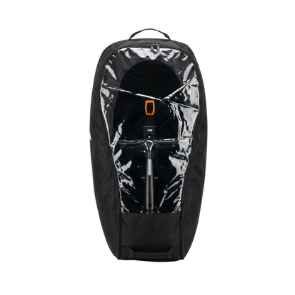 A black, zippered Storage Bag for The Dashmoto Dash 3 Scooter stands upright and open, displaying a securely packed scooter inside with a transparent cover protecting the frame.
