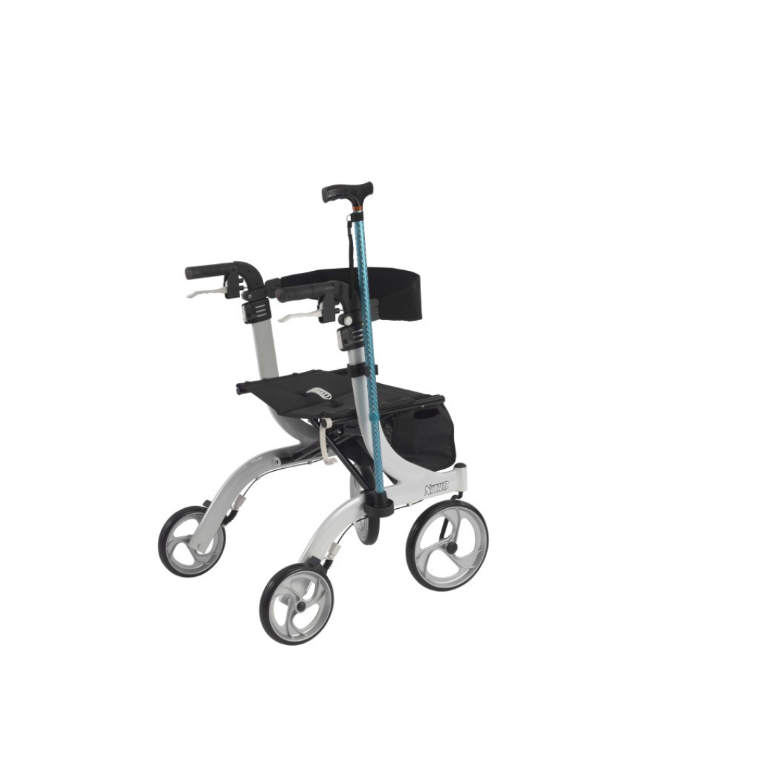 Displayed on a white background, the Cane Holder for Drive Medical Nitro Rollators is the perfect accessory to add cane storage to your rollator for daily convenience.