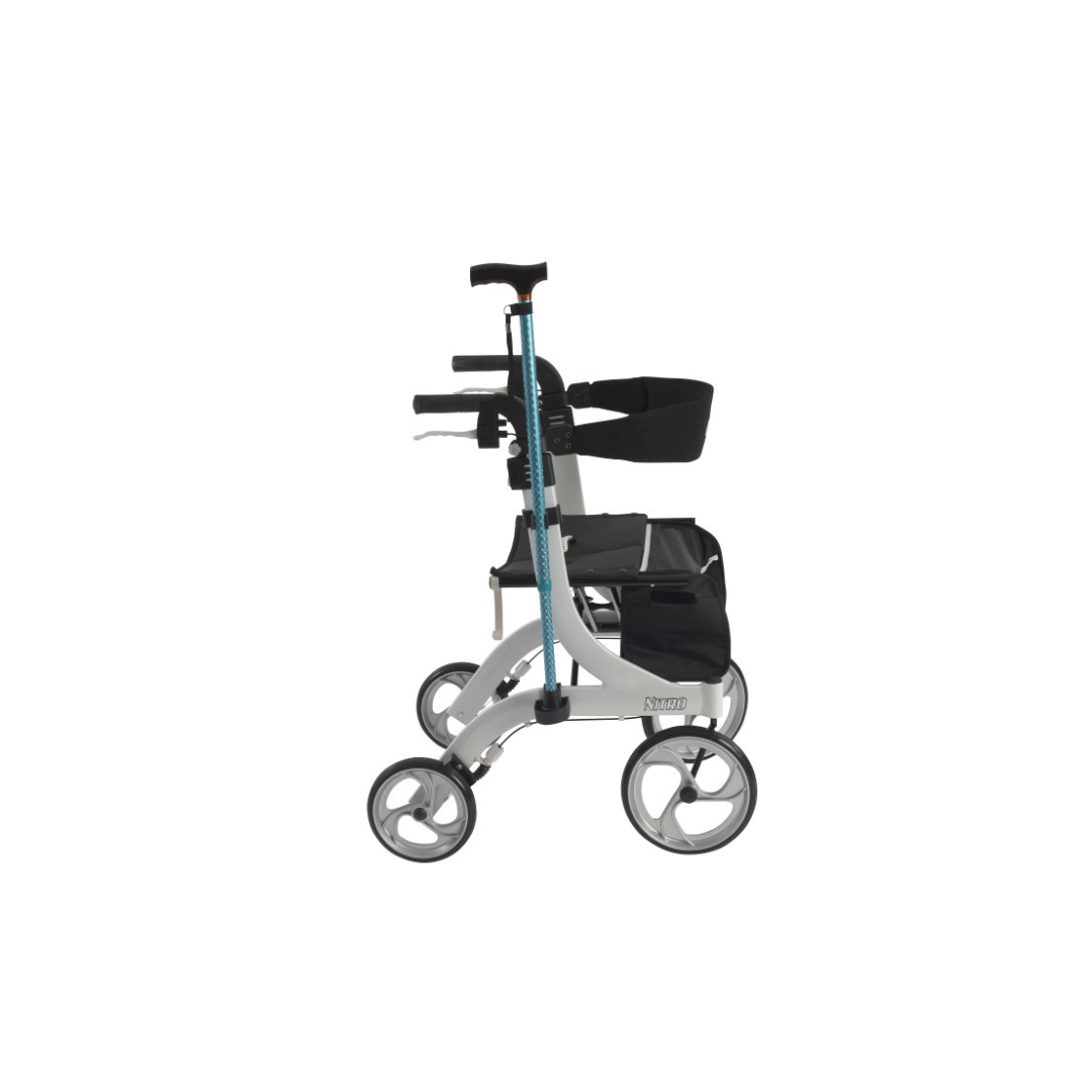 A silver and black Cane Holder for Drive Medical Nitro Rollators is shown attached to a four-wheel walker with a seat, storage pouch, and ergonomic handles, viewed from the side on a white background.