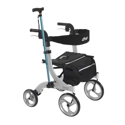 A Cane Holder for Drive Medical Nitro Rollators, compatible with lightweight silver Nitro walkers, attaches to the frame and securely holds a cane. The Drive logo appears on the rollator’s backrest (cane and rollator sold separately).