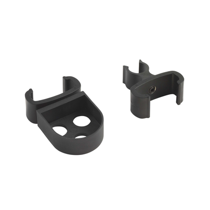 The Cane Holder for Drive Medical Nitro Rollators includes two black plastic or metal brackets with a flat side featuring three holes and a curved, open slot—essential parts for securely holding canes on your Nitro rollator.