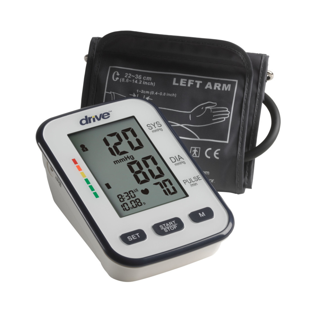 Drive Deluxe Automatic Upper Arm Blood Pressure Monitor displays readings of 120/80 mmHg and a pulse of 80, with a black left-arm cuff. Perfect for easy, automatic at-home blood pressure tracking.