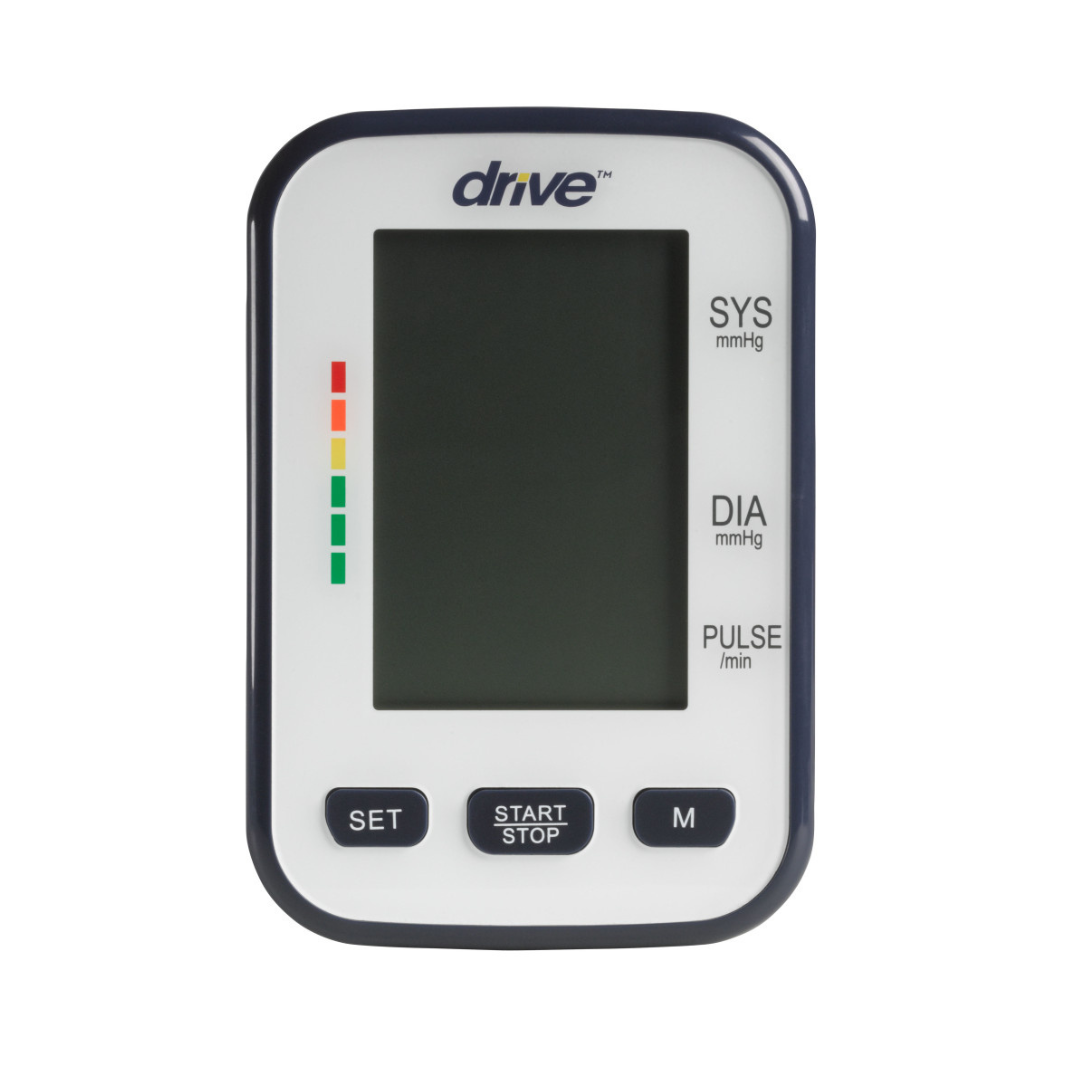 The Drive Deluxe Automatic Upper Arm Blood Pressure Monitor features a large screen, colored indicator bars on the left, and three buttons (SET, START/STOP, M) at the bottom, with the Drive brand logo clearly displayed at the top.