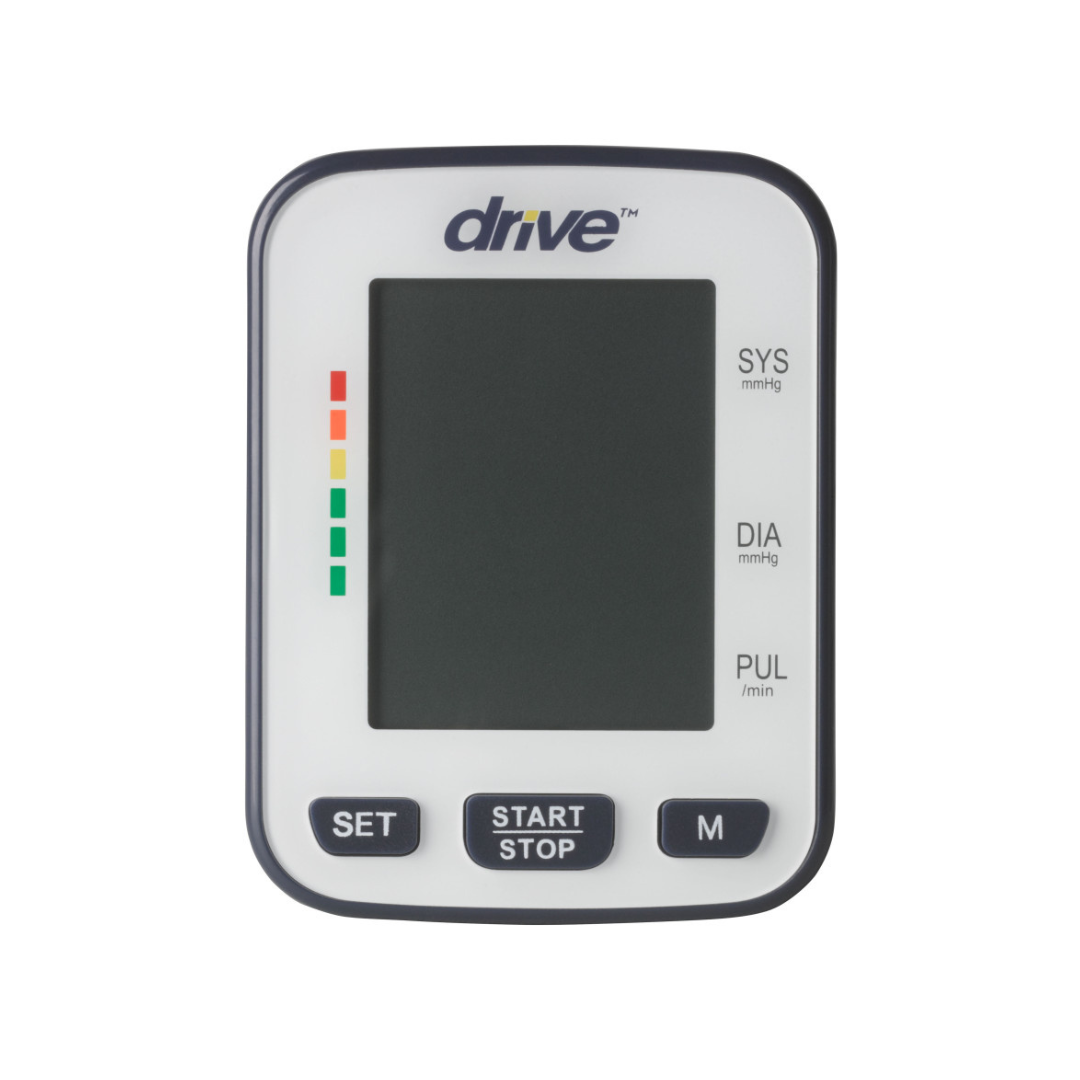 The Drive Deluxe Automatic Wrist Blood Pressure Monitor features a large display, left-side color indicator bars, clearly marked SET, START/STOP, and M buttons, and shows digital SYS, DIA, and PUL readings for easy monitoring.