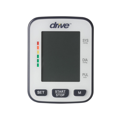 The Drive Deluxe Automatic Wrist Blood Pressure Monitor features a large display, left-side color indicator bars, clearly marked SET, START/STOP, and M buttons, and shows digital SYS, DIA, and PUL readings for easy monitoring.
