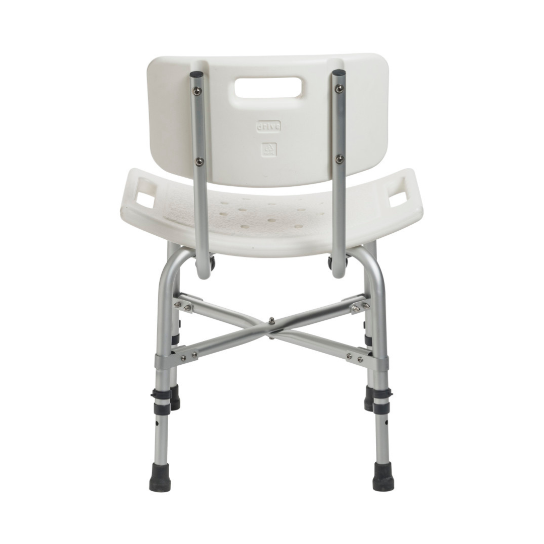 The Drive Deluxe Bariatric Shower Chair with Cross-Frame Brace features drainage holes, a rectangular backrest, sturdy metal legs with rubber tips for stability, and adjustable height. It is shown from the back against a plain white background.