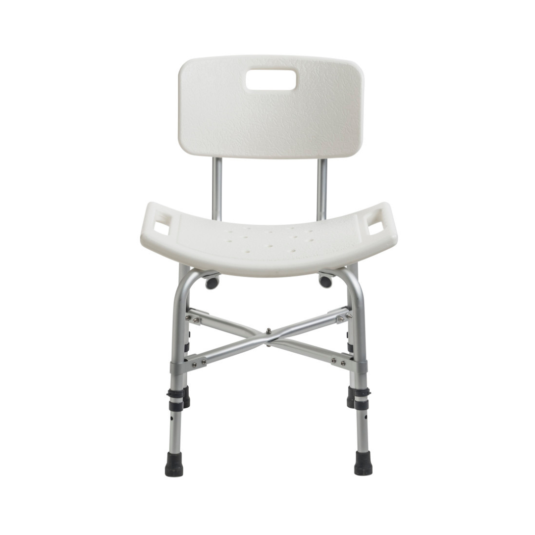 The Drive Deluxe Bariatric Shower Chair with Cross-Frame Brace features a white seat with drainage holes, backrest, metal legs, and non-slip rubber feet for safety and support in the bathroom.