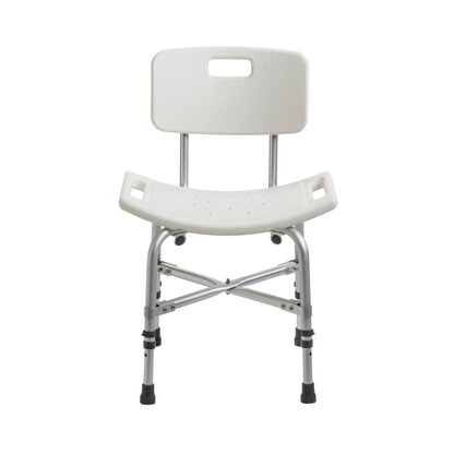 The Drive Deluxe Bariatric Shower Chair with Cross-Frame Brace features a white seat with drainage holes, backrest, metal legs, and non-slip rubber feet for safety and support in the bathroom.