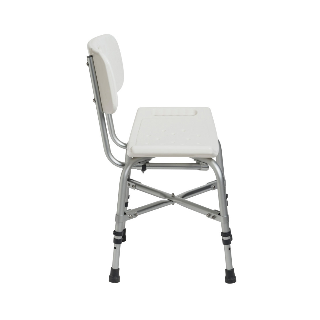 The Drive Deluxe Bariatric Shower Chair with Cross-Frame Brace is a white, adjustable shower bench with a backrest, four rubber-tipped legs, and a rectangular seat—side view—offering sturdy and reliable eco-conscious bathing support.