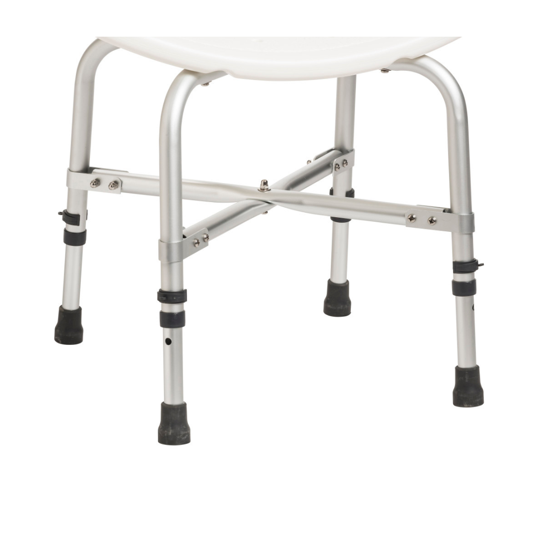 Close-up of the Drive Deluxe Bariatric Shower Chair's adjustable legs with rubber tips and cross-frame brace. The white plastic seat is partly visible, showing sturdy height adjustment features for extra support.