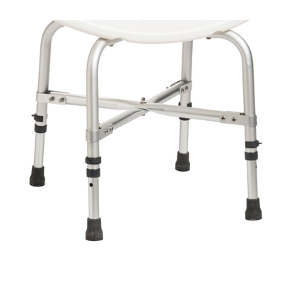 Close-up of the Drive Deluxe Bariatric Shower Chair's adjustable legs with rubber tips and cross-frame brace. The white plastic seat is partly visible, showing sturdy height adjustment features for extra support.