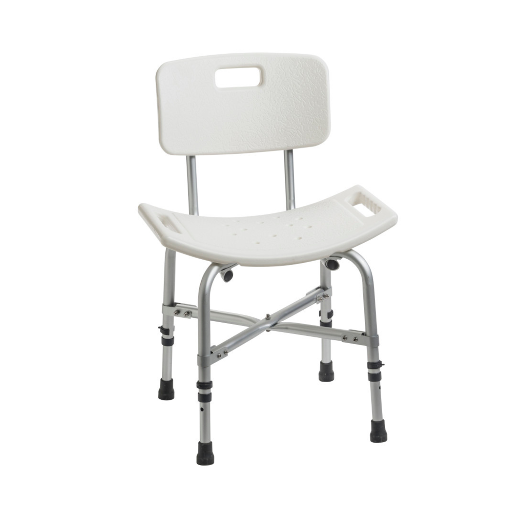 The Drive Deluxe Bariatric Shower Chair with Cross-Frame Brace is a white, adjustable bath bench featuring a backrest, drainage holes, metal legs with nonslip rubber feet, and side handles for stable, eco-conscious bathing support.