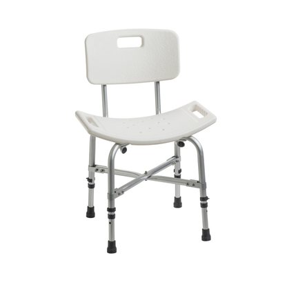 The Drive Deluxe Bariatric Shower Chair with Cross-Frame Brace is a white, adjustable bath bench featuring a backrest, drainage holes, metal legs with nonslip rubber feet, and side handles for stable, eco-conscious bathing support.