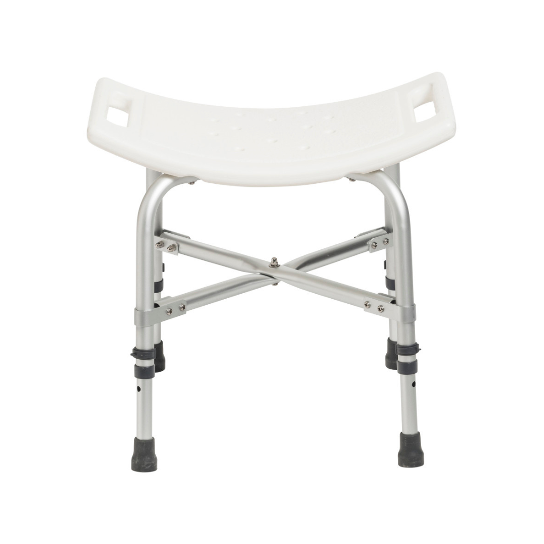 The Drive Deluxe Bariatric Shower Chair with Cross-Frame Brace features a white plastic seat, side handles, curved design, aluminum legs, and rubber tips—offering sturdy and reliable support for safe bathing in any bathroom or shower.