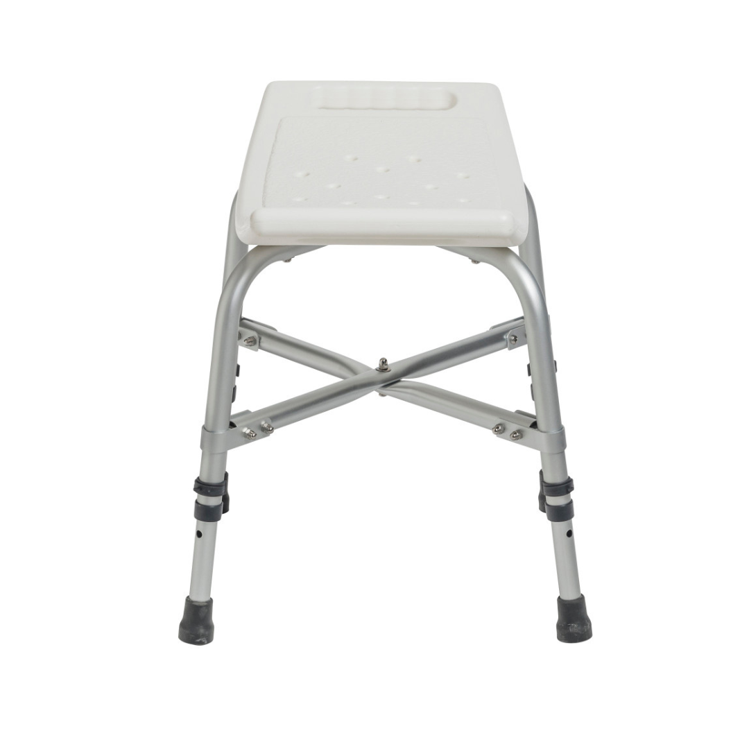 The Drive Deluxe Bariatric Shower Chair with Cross-Frame Brace is a white plastic, heavy-duty bath bench featuring a rectangular seat, adjustable metal legs, non-slip rubber feet, and front-view cross-bracing for added stability.