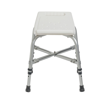 The Drive Deluxe Bariatric Shower Chair with Cross-Frame Brace is a white plastic, heavy-duty bath bench featuring a rectangular seat, adjustable metal legs, non-slip rubber feet, and front-view cross-bracing for added stability.