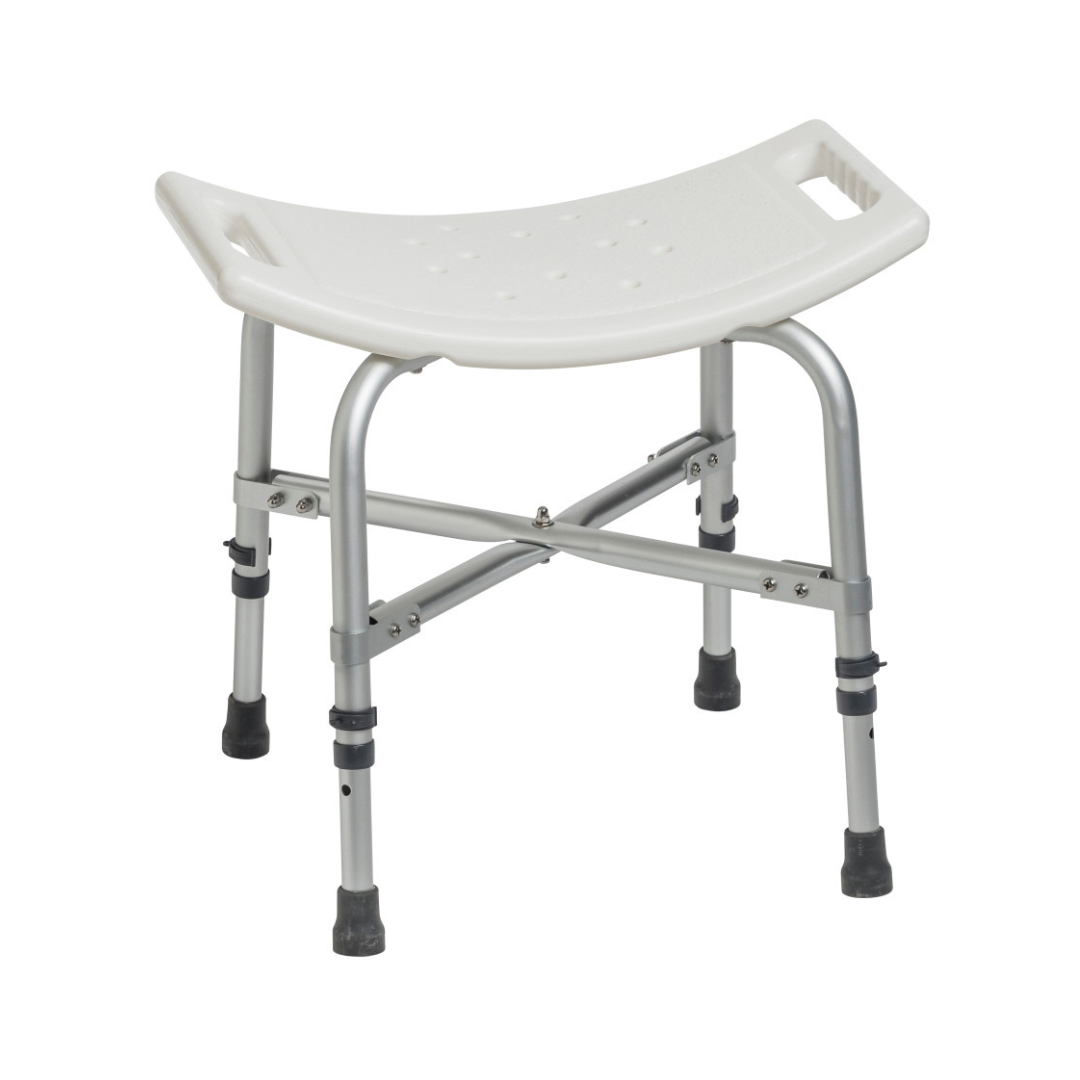 The Drive Deluxe Bariatric Shower Chair with Cross-Frame Brace is a white, curved heavy-duty bath bench featuring side handles and adjustable metal legs with rubber tips for enhanced safety and stability.