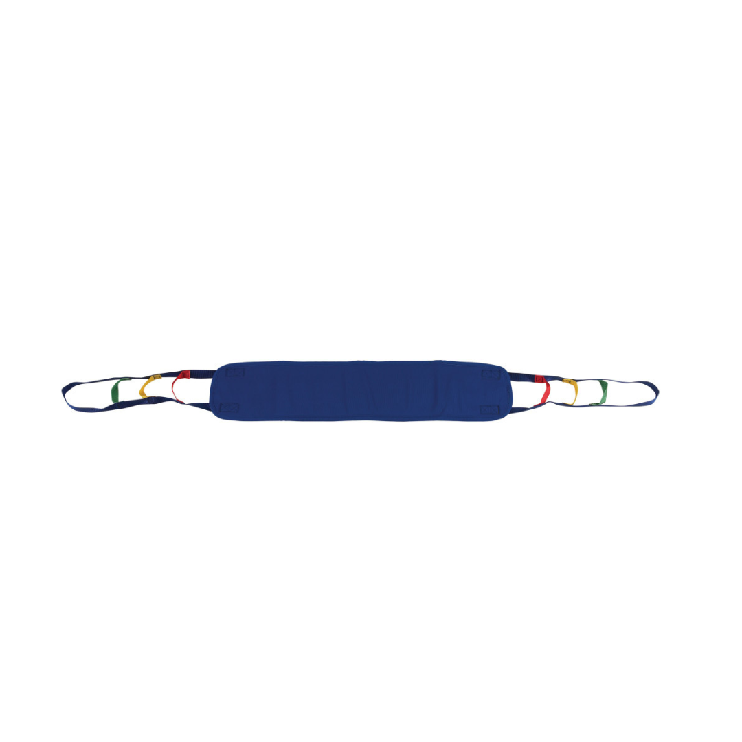 The Drive Sit to Stand Slings are blue, durable fabric transfer sheets with multiple colored handles on both sides for patient transfer and repositioning, shown on a white background.