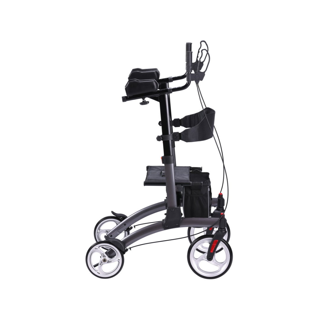 The Drive Elevate Folding Upright Rolling Walker in black features adjustable handles, padded forearm rests, four wheels, a seat, storage pouch, and hand brakes—shown from the side on a white background.