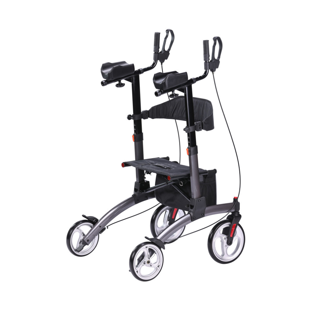 The Drive Elevate Folding Upright Rolling Walker is a modern black mobility aid with four wheels, ergonomic adjustable handles, forearm supports, padded seat, storage pouch, and hand brakes for comfort and independence.