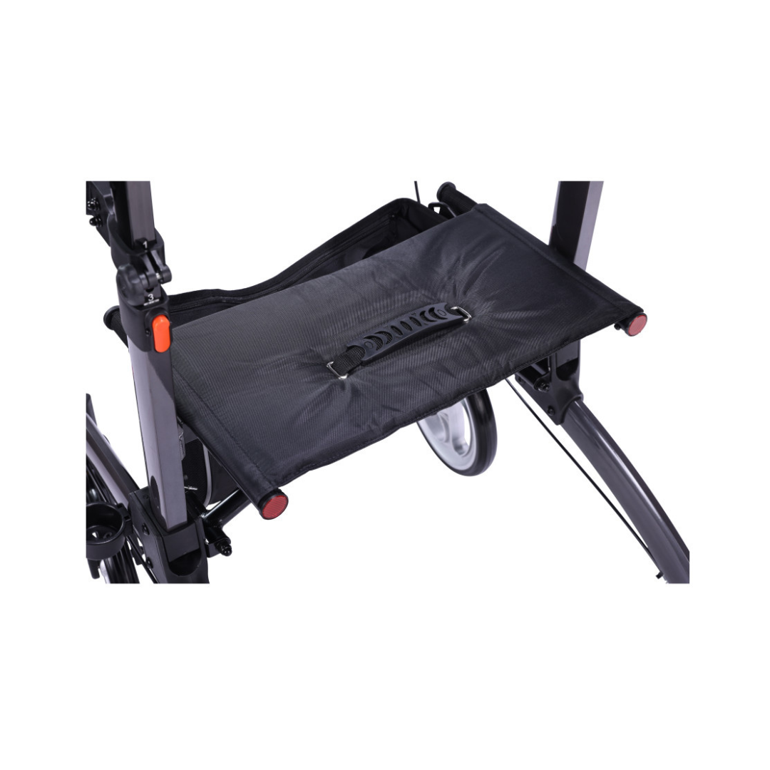 A close-up of the black fabric seat or storage area on the Drive Elevate Folding Upright Rolling Walker, showing its two wheels, adjustable handles, and sturdy metal frame.