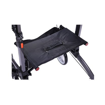 A close-up of the black fabric seat or storage area on the Drive Elevate Folding Upright Rolling Walker, showing its two wheels, adjustable handles, and sturdy metal frame.