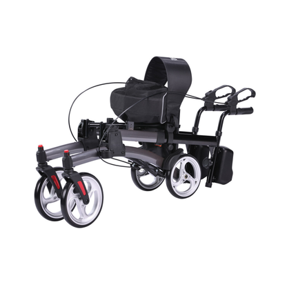 The Drive Elevate Folding Upright Rolling Walker features a black seat, silver frame, four large wheels, adjustable handles, and a compact foldable design for easy transport.