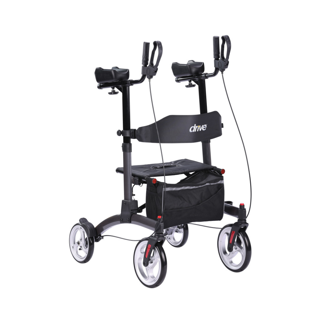 The Drive Elevate Folding Upright Rolling Walker is a black, four-wheeled mobility aid with adjustable handles, armrests, hand brakes, a seat, and an under-seat storage bag. The brand name "Drive" appears on the backrest.