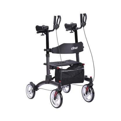 The Drive Elevate Folding Upright Rolling Walker is a black, four-wheeled mobility aid with adjustable handles, armrests, hand brakes, a seat, and an under-seat storage bag. The brand name "Drive" appears on the backrest.